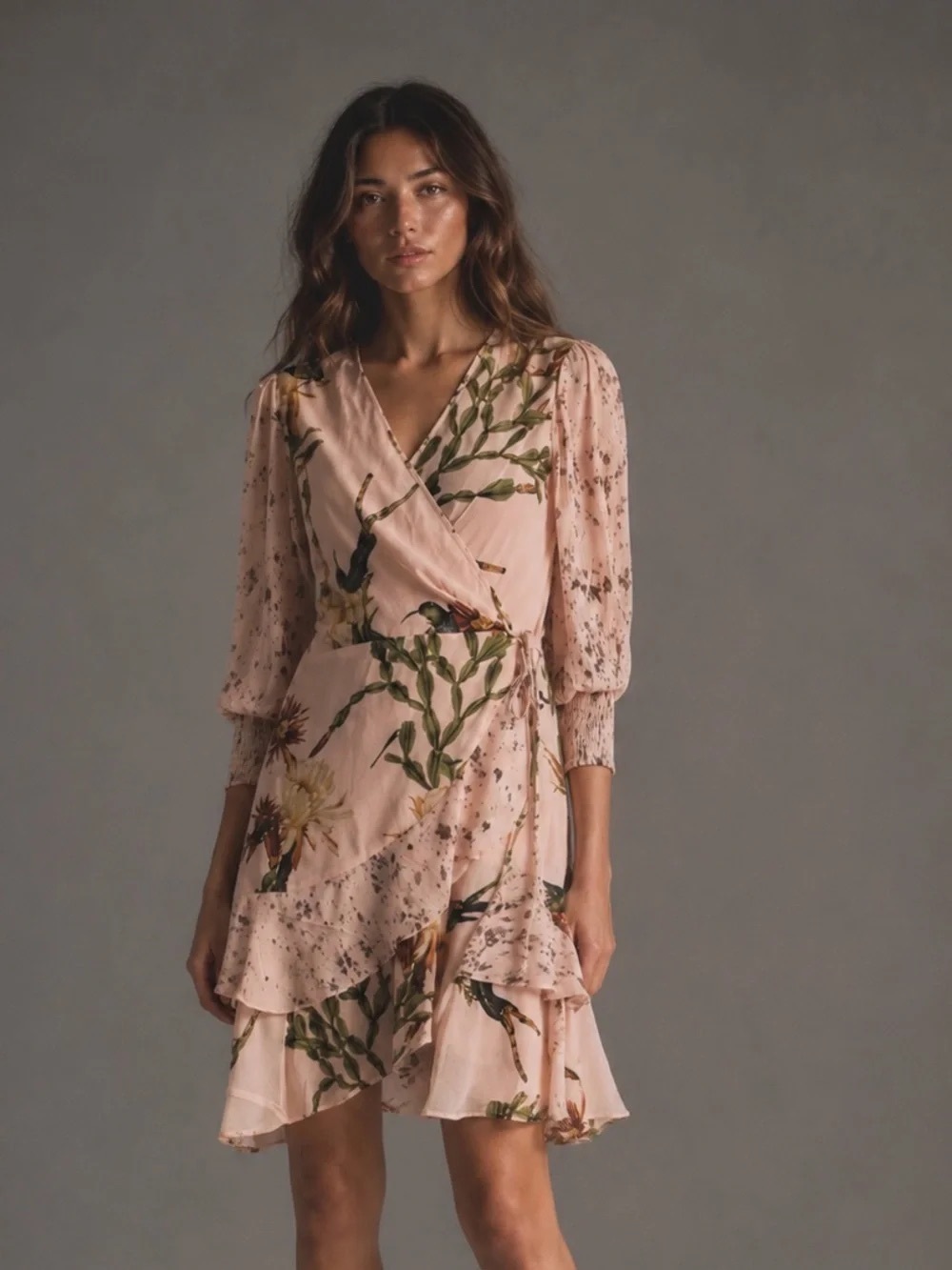 All Saints Blush Pink Botanical Wrap Mini Dress
